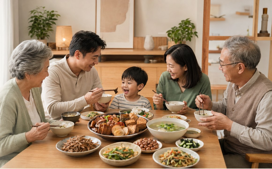 三代同堂在餐桌前一起用餐